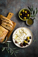 Feta cheese, olives and ciabatta, top view - 620295118