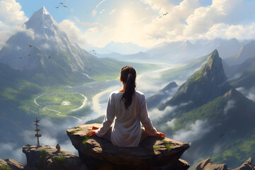 Woman meditating on the mountain top, girl in lotus position, stunning landscape, generative ai