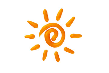 Orange sunscreen cream in a sun shape isolated on transparent background. Sunscreen cream as a logo or design element. reative idea of suntan lotion. - 620295326