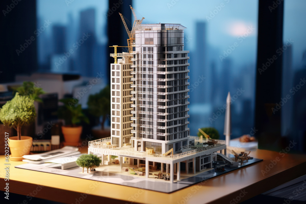 Poster big residence building construction model in architecture office