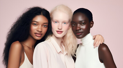 beauty diversity, 3 models with different skin colors, albino girl, white and asian posing in studio. Concept about body positivity, diversity, and fashion, ai generative