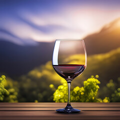 Glass of red wine with a vine in the background