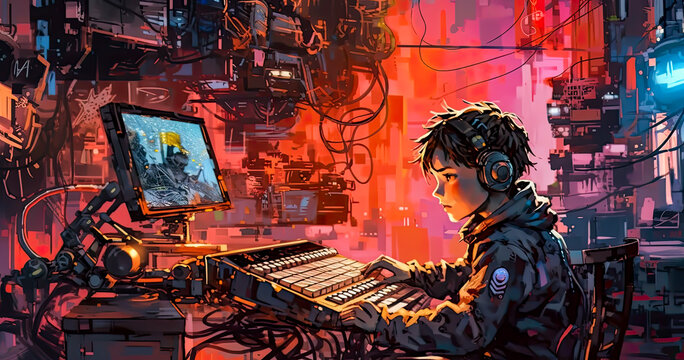 The Kid Working On A Laptop And Building A Robot On A Artificial Intelligent Computer, Future Concept, Painting