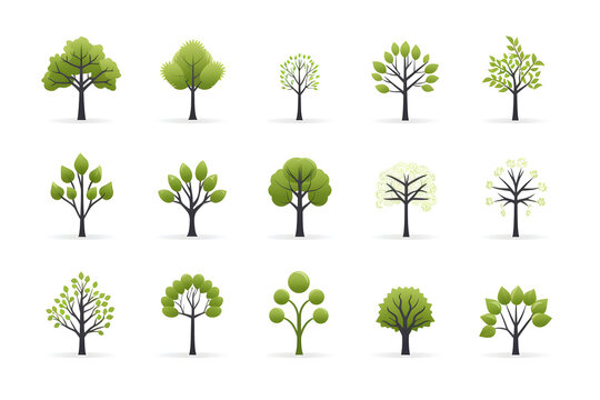 Collection of green tree icons and symbols on a white background