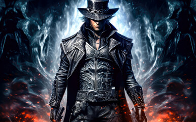 a character in a black hat on the ground holding guns, close up, videogame style