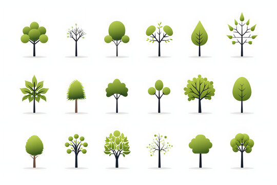 collection or set of tree symbols or trees icons logo