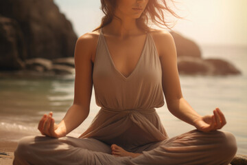 Fototapeta na wymiar Woman in yoga pose relaxing on beach. Female takes breathing exercises for mental health. Wellness at sunset. Created with Generative AI