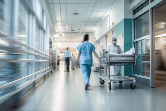 Hospital emergency team rush patient on gurney to the operating theater. Corridor in medical clinic with working doctors, motion blur effect. Created with Generative AI