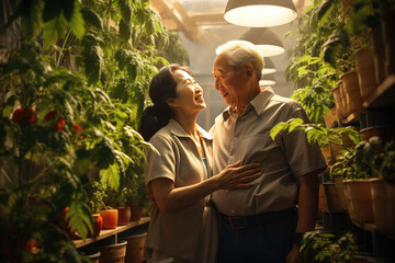 Asian senior couple smart farmer growing hydroponic vegetables so sweet moment
