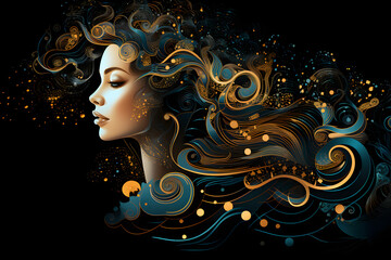 Woman with swirling hair in fantastical art style