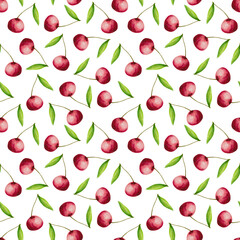 Watercolor seamless pattern ripe cherry with green leaves. Texture for wrapping paper, fabrics, decor.