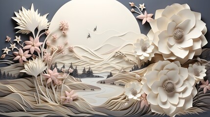"Inky Meadows: Grayscale Ink Wash of Serene Countryside with Flowing Ink Wildflowers", 3d papercut-like art (Generative AI)