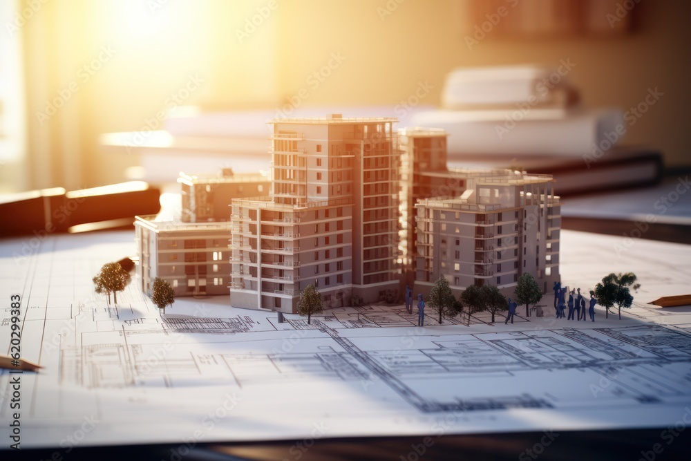Poster construction architectural model and building plans and blueprint documents