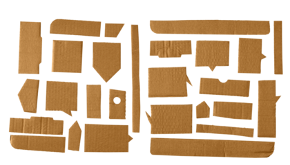 Set of speech bubble and labels. Cardboard textured bubble isolated on transparent background. Craft paper texture labels. Texture of recycle paper. PNG