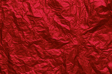 Red crumpled texture background. Abstract banner with shine red.  Flat lay mockup design. Craft...