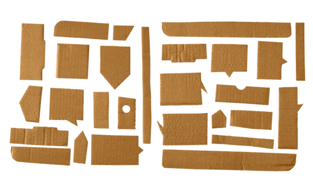 Set of speech bubble and labels. Cardboard textured  bubble isolated on transparent background. Craft paper texture labels. Texture of recycle paper. PNG