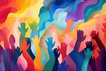 diversity: colorful hands up people from different races and nations inclusivity, lgbtq pride month - obrazy, fototapety, plakaty