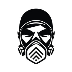 Man wearing full face respirator mask, protective equipment for gas and dust pollution, logo, vector isolated