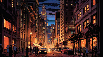 Fototapeta na wymiar Wall Street at Night - A Mesmerizing Illustration Perfect for Your Financial Campaigns!