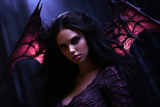 illustration of a young beautiful she-devil on a dark background