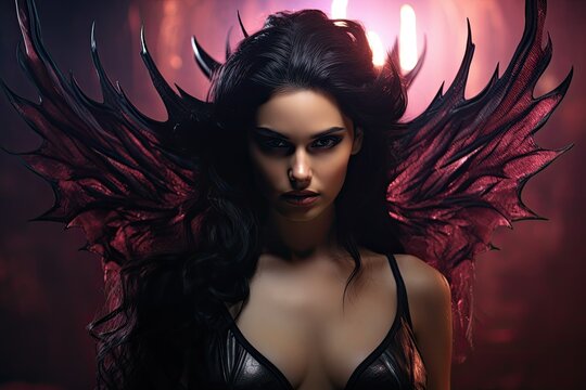 illustration of a young beautiful she-devil on a dark background