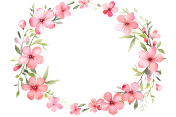 round frame of pink flowers on white background