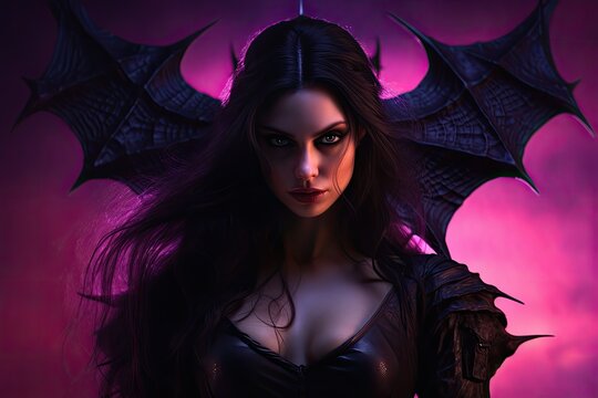 illustration of a young beautiful she-devil on a dark background