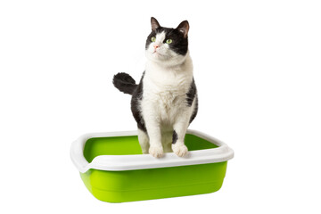 Cat litter box and black and white cat isolated on white background. Cute cat pooping and pissing...
