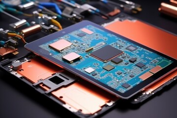 tablet with broken cracked lcd display among disassembly gadget AI Generated 