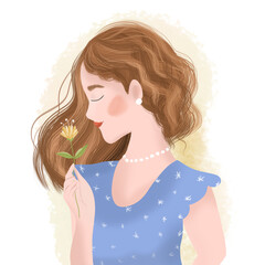 Beautiful girl in profile with a flower in her hand