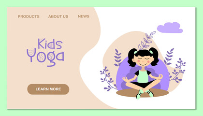 Kids sport and yoga training vector landing page template. Illustration of fitness kid yoga, meditation and balance in cartoon style. Vector illustration