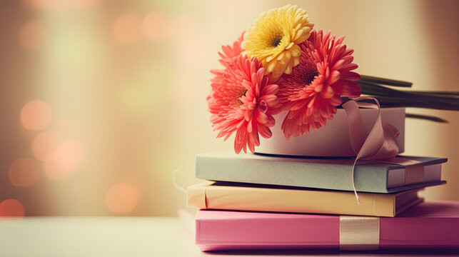 A stack of books with a flower vase. Web banner with copy space. Generative AI