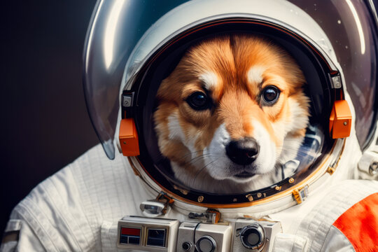 Digital futuristic photo of an Royal Corgi dressed on an astronaut's spacesuit. Generative AI
