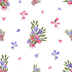 Fototapeta na wymiar Delicate bouquet of blue, pink Hyacinths, eucalyptus branches. Seamless floral pattern isolated on transparent background. Watercolor illustration for fabric, textile, scrapbooking, wrapping, fashion.