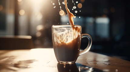 Generative AI, glass with coffee, splashes, drink, espresso, cappuccino, latte, coffee house on the background, space for text, milk foam, mocha cup, cafe advertising - obrazy, fototapety, plakaty