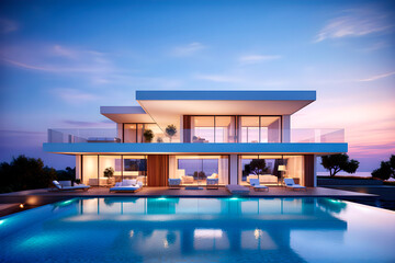 Fototapeta premium Exterior of modern villa with pool. AI Generative