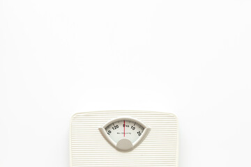 White floor weight scales top view. Body weight control and slimming concept