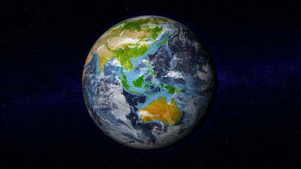 Realistic Earth globe focused on South-east Asia and Africa. Day side of Earth illuminated by sunshine and stars of universe on background. Elements of this image furnished by NASA