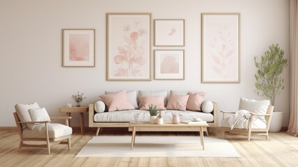 Fototapeta premium Minimalistic bohemian cosy interior design idea. Boho mock-up illustration. Generative AI.