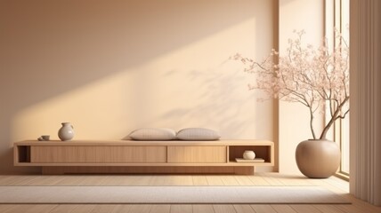 Fototapeta na wymiar Cosy and Zen Minimalistic Wooden Room Interior Design. Generative AI illustration.