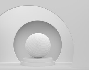 Fitball or fitness ball on cylinder podium with steps on monochrome