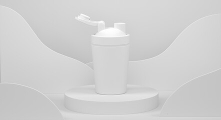 Plastic sport shaker on cylinder podium with steps on monochrome background