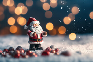 A toy figure of Santa Claus against a blurry background with bokeh effect. Template for New Year's greeting card. Generative AI.