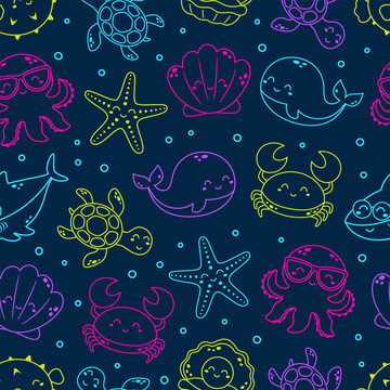 cartoon seamless pattern of outline sea creatures