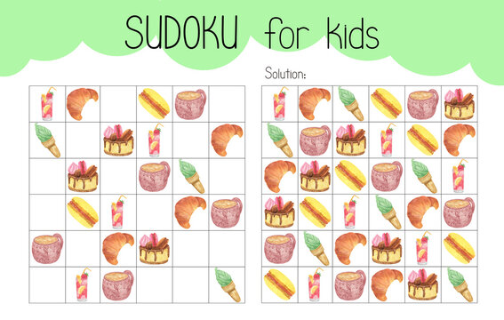 Sudoku educational game leisure activity worksheet watercolor illustration, printable grid to fill in missing images, sweet dessert, drink food topical vocabulary, puzzle solution, teacher resources
