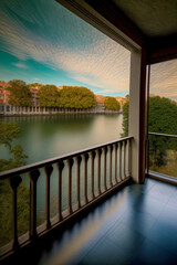A Balcony With A View Of A Lake