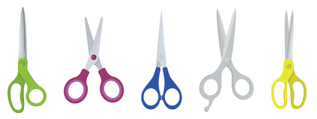 Set of cute scissors in cartoon style. Vector illustration of colored scissors of different shapes isolated on white background. Stationery and office supplies. - obrazy, fototapety, plakaty