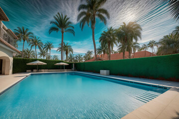 Fototapeta premium A Large Swimming Pool Surrounded By Palm Trees
