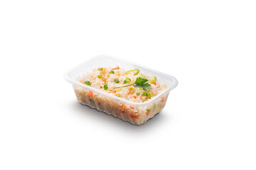 rice in plastic pot on white background