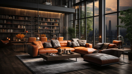 Beautiful contemporary living room home Interior in the style of Orange, Generative AI